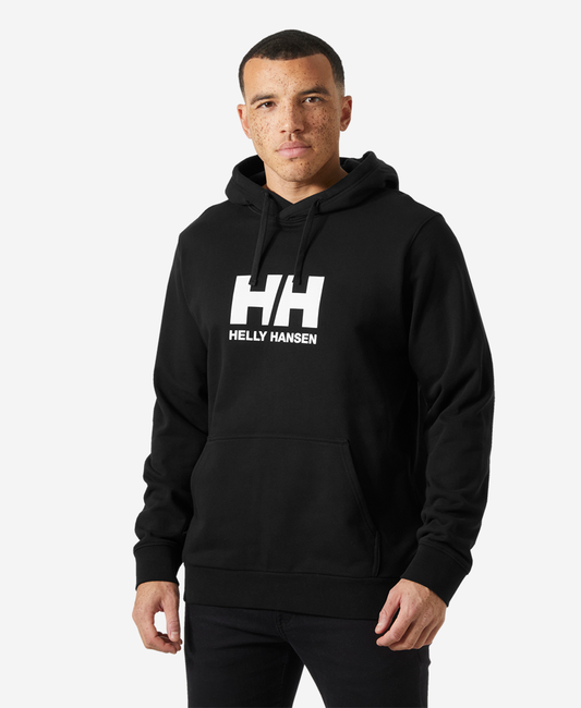 Image of a model wearing Outerwear. Product name - HH LOGO HOODIE, Black in Black colour by brand - Helly Hansen