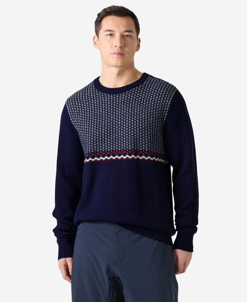 Image of a model wearing Outerwear. Product name - AFTON KNIT SWEATER, Navy Fairisle in Navy Fairisle colour by brand - Helly Hansen