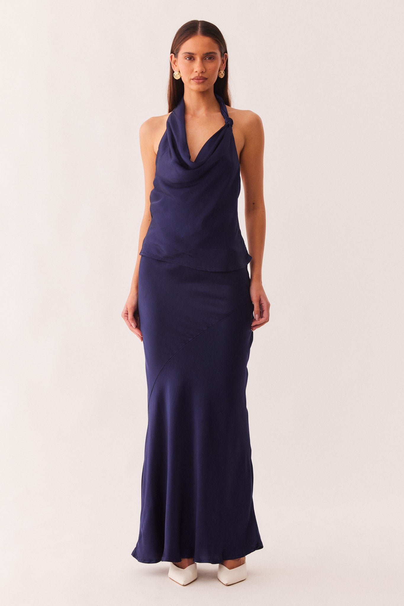 Image of a model wearing Skirts. Productname: SNDYS JUNIE MAXI SKIRT in Navy colour by brand - SNDYS