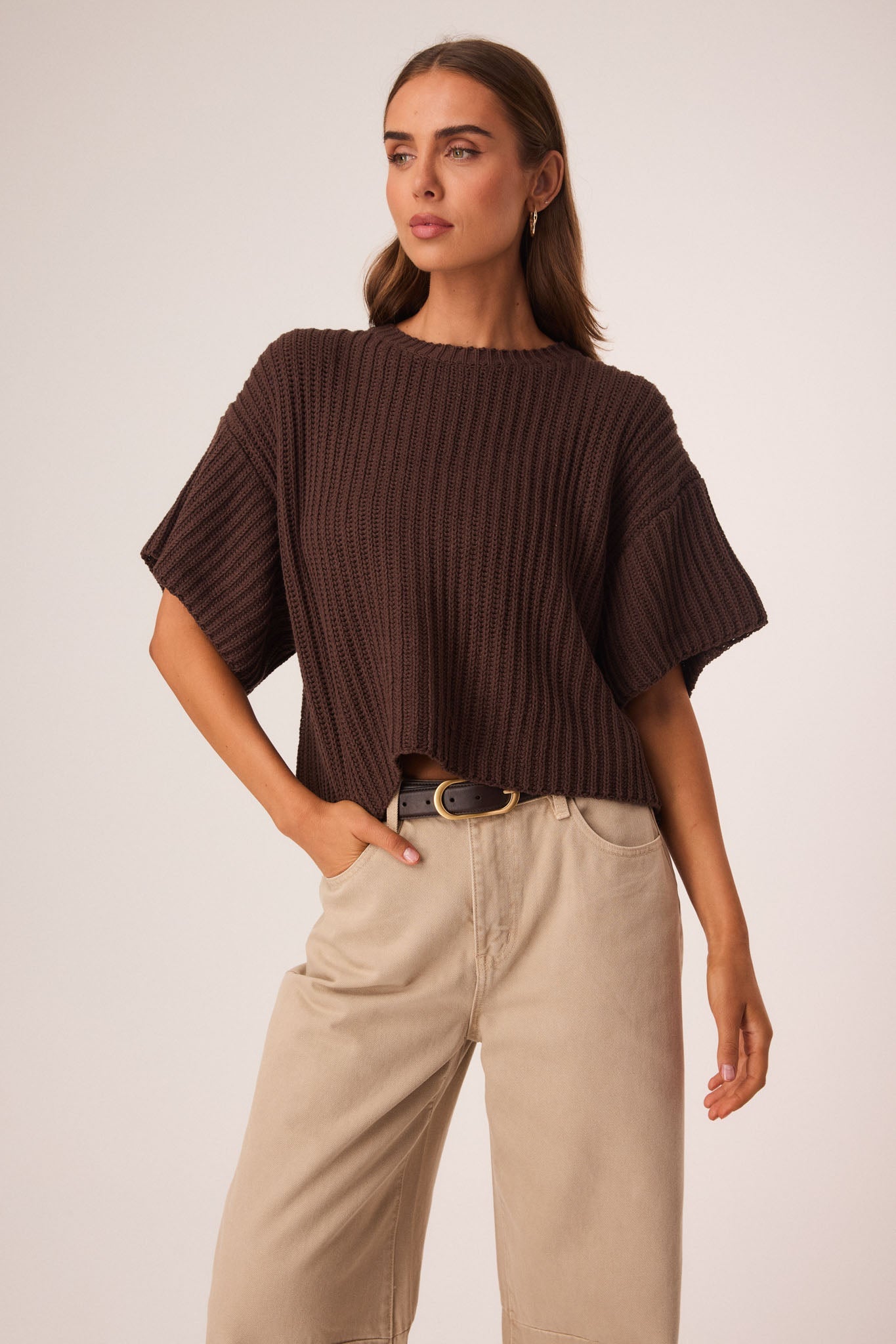 Image of a model wearing Tops. Productname: SNDYS BRINLEY TOP in Chocolate colour by brand - SNDYS
