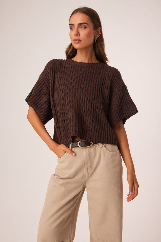 Image of a model wearing Tops. Productname: SNDYS BRINLEY TOP in Chocolate colour by brand - SNDYS