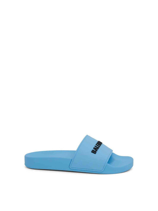 Image of Sandals. Productname: BALENCIAGA 3D Logo Pool Slide Sandal in Sky Blue Black colour by brand - BALENCIAGA