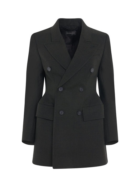 Image of a model wearing Outerwear. Productname: BALENCIAGA Double Breasted Hourglass Blazer in Khaki Black colour by brand - BALENCIAGA
