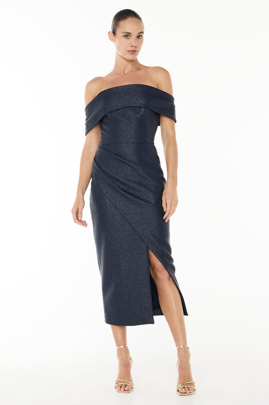 Image of Dresses. Productname: Micro Weave Off Shoulder Dress in FRENCH NAVY colour by brand - Manning Cartell