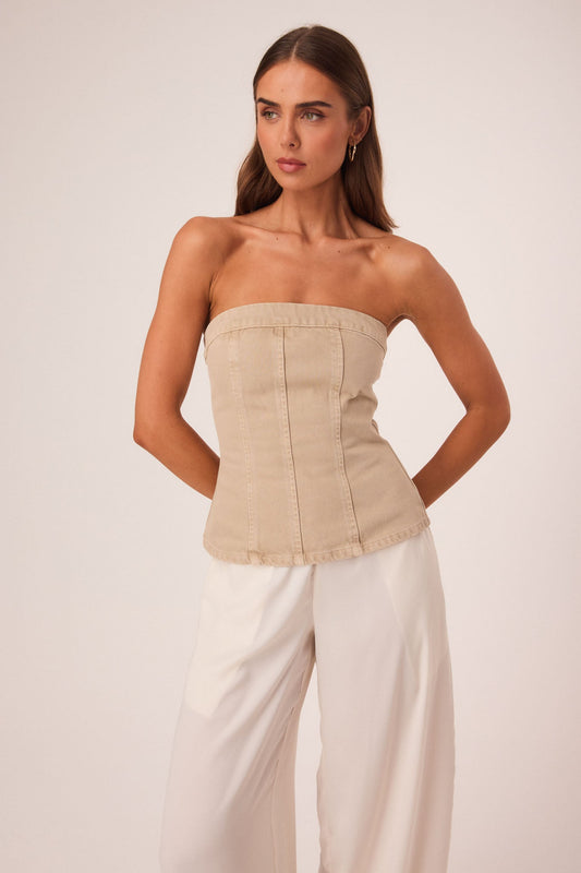 Image of a model wearing Tops. Productname: SNDYS LEX CORSET TOP in Taupe colour by brand - SNDYS