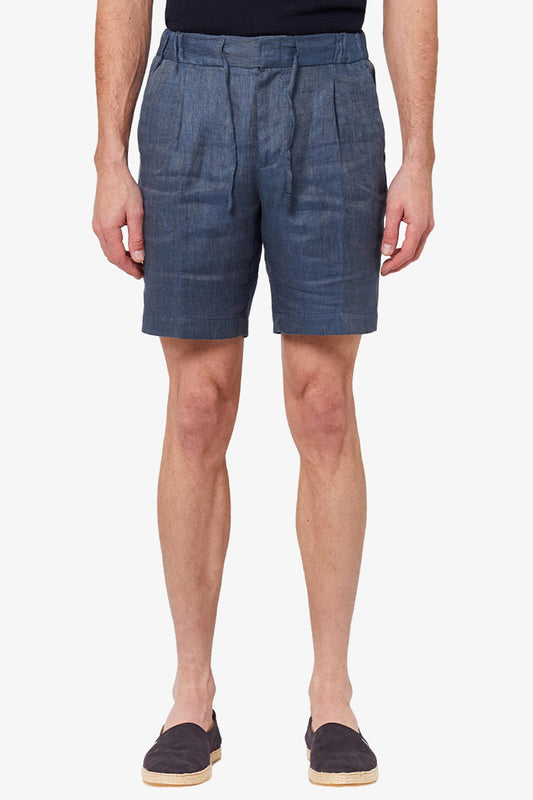 Image of a model wearing Shorts. Product name - Tagliata Blue in Blue colour by brand - Anthony Squires