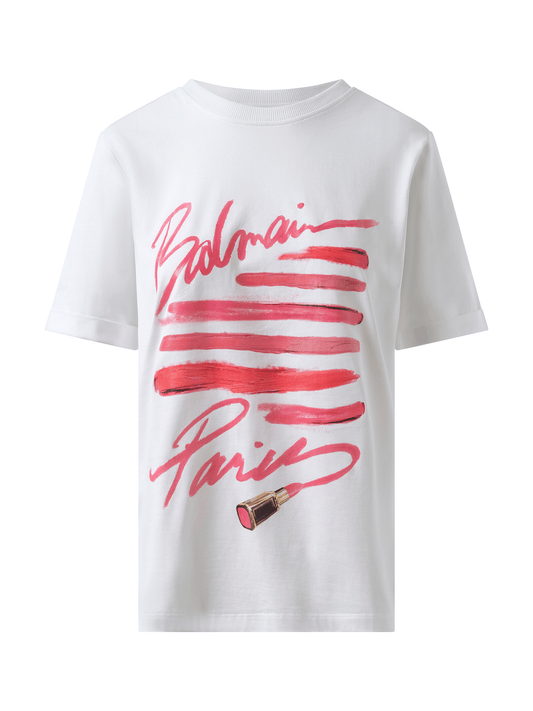 BALMAIN 3 Btn Balmain Lipstick Print T-Shirt (White)