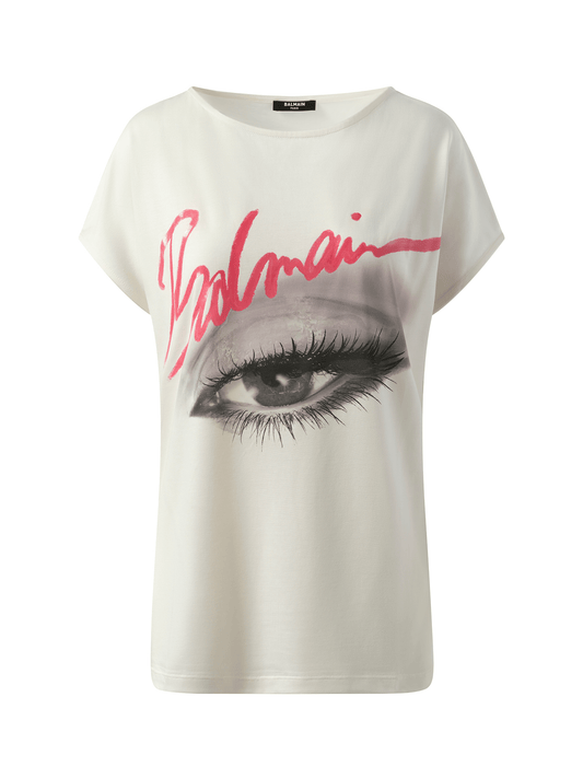 BALMAIN Boatneck Balmain Eye Print Top (White)