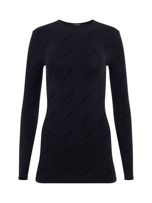 Image of a model wearing Tops. Productname: BALENCIAGA All Over Logo Flock Top in Black colour by brand - BALENCIAGA
