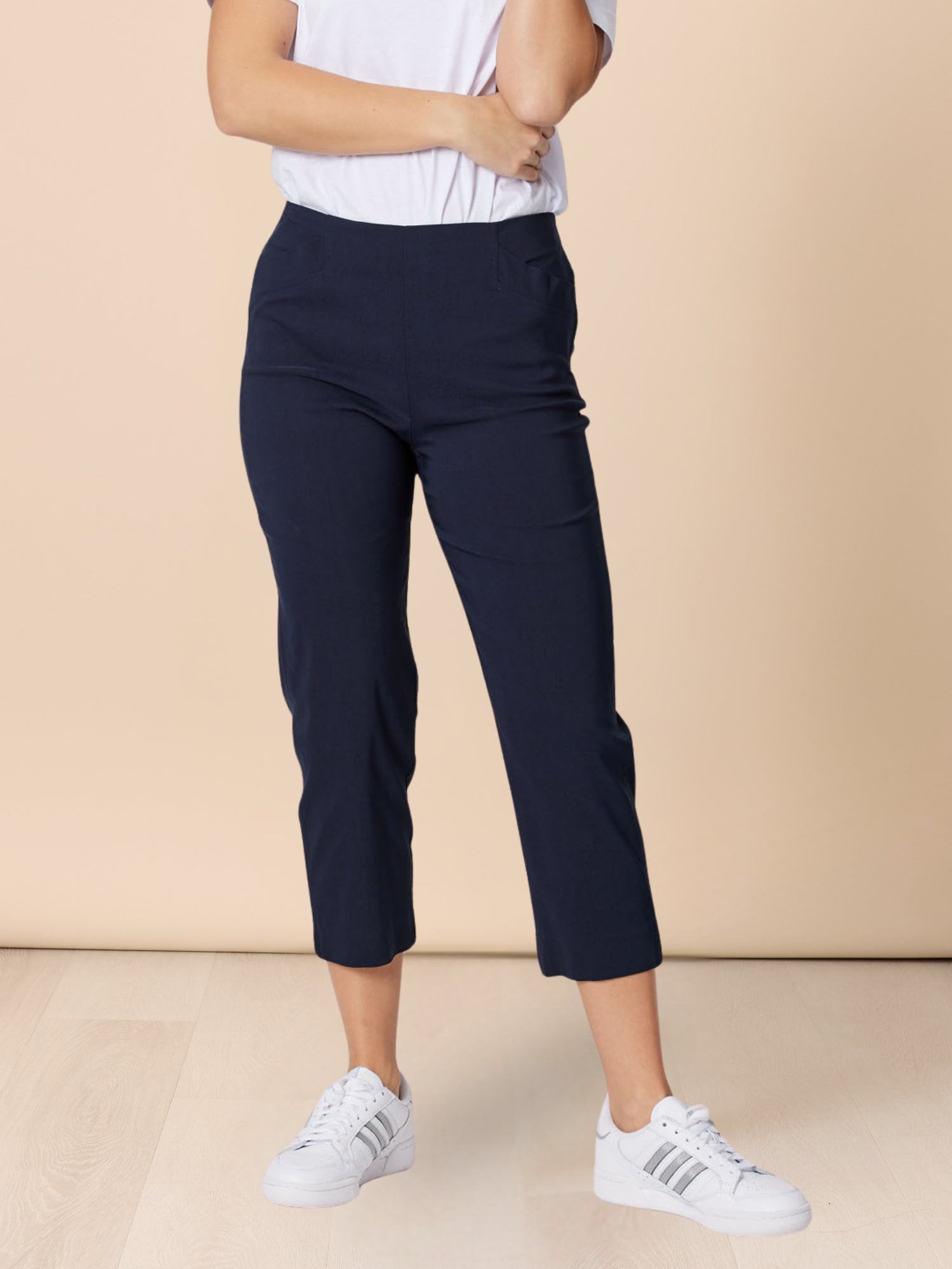 Image of a model wearing Pants. Product name - Zara Stretch Pant Navy in Navy colour by brand - Threadz