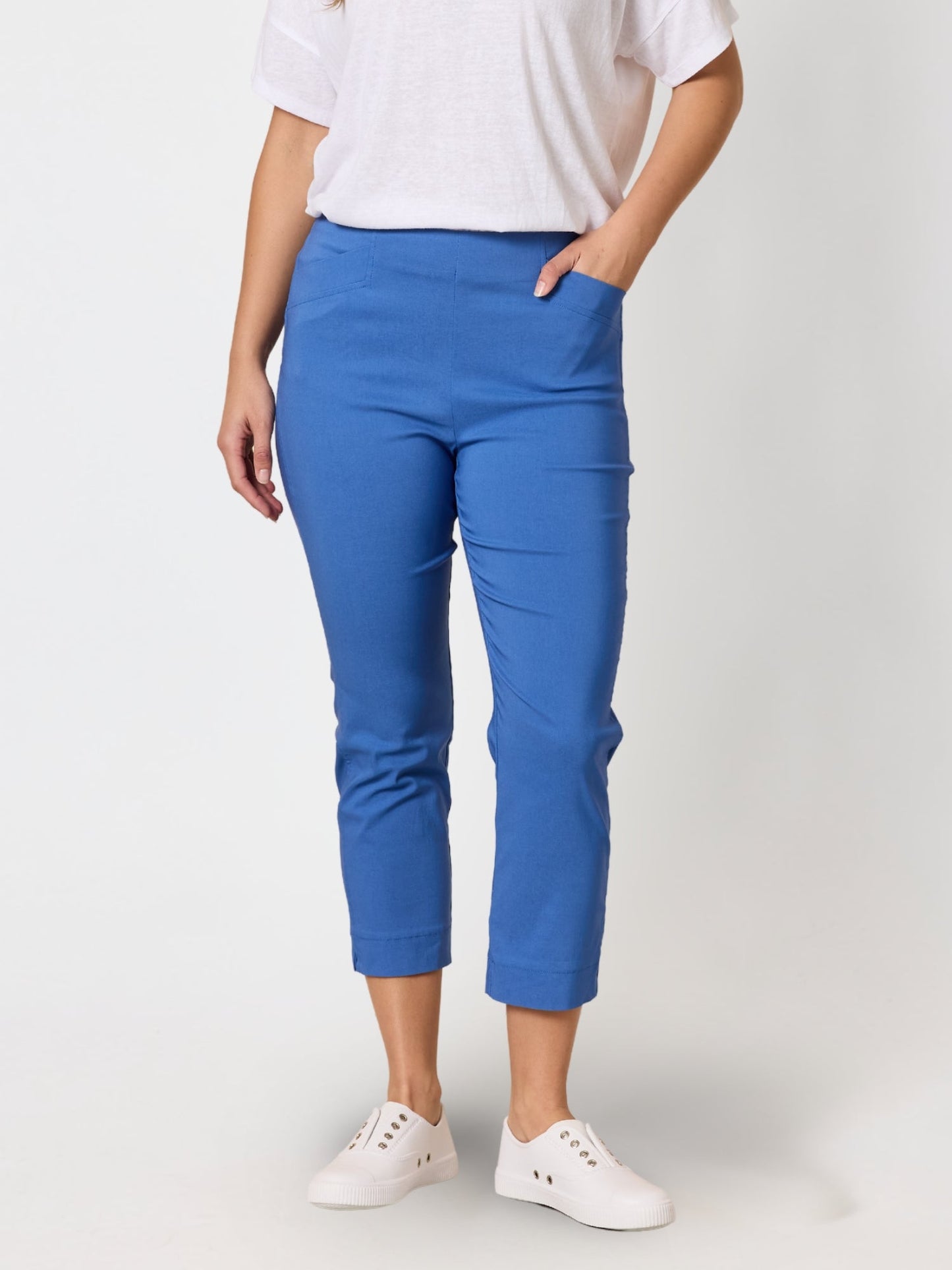 Image of a model wearing Pants. Product name - Zara Stretch Pant Blue in Blue colour by brand - Threadz
