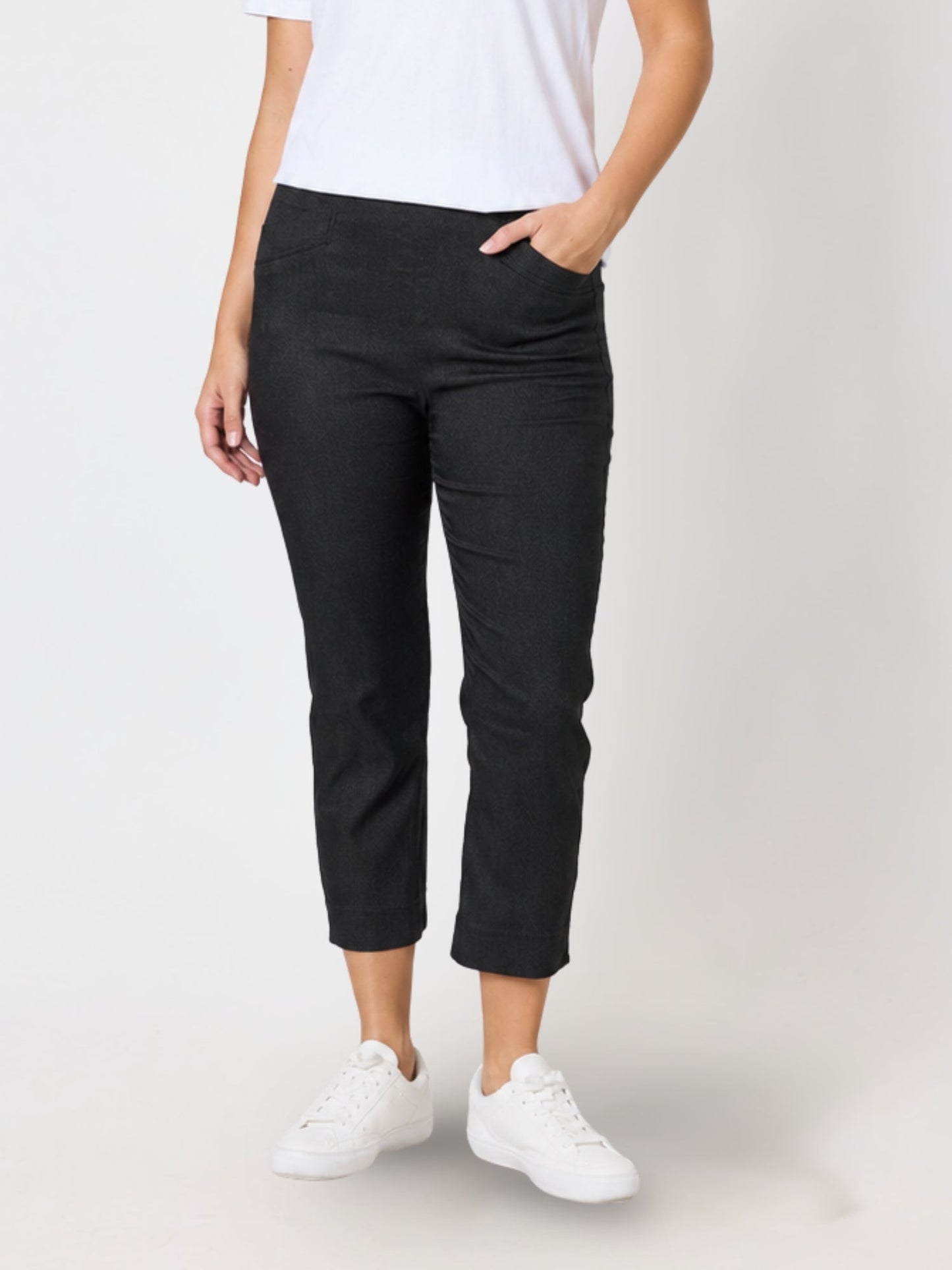 Image of a model wearing Pants. Product name - Zara Stretch Pant Charcoal in Charcoal colour by brand - Threadz