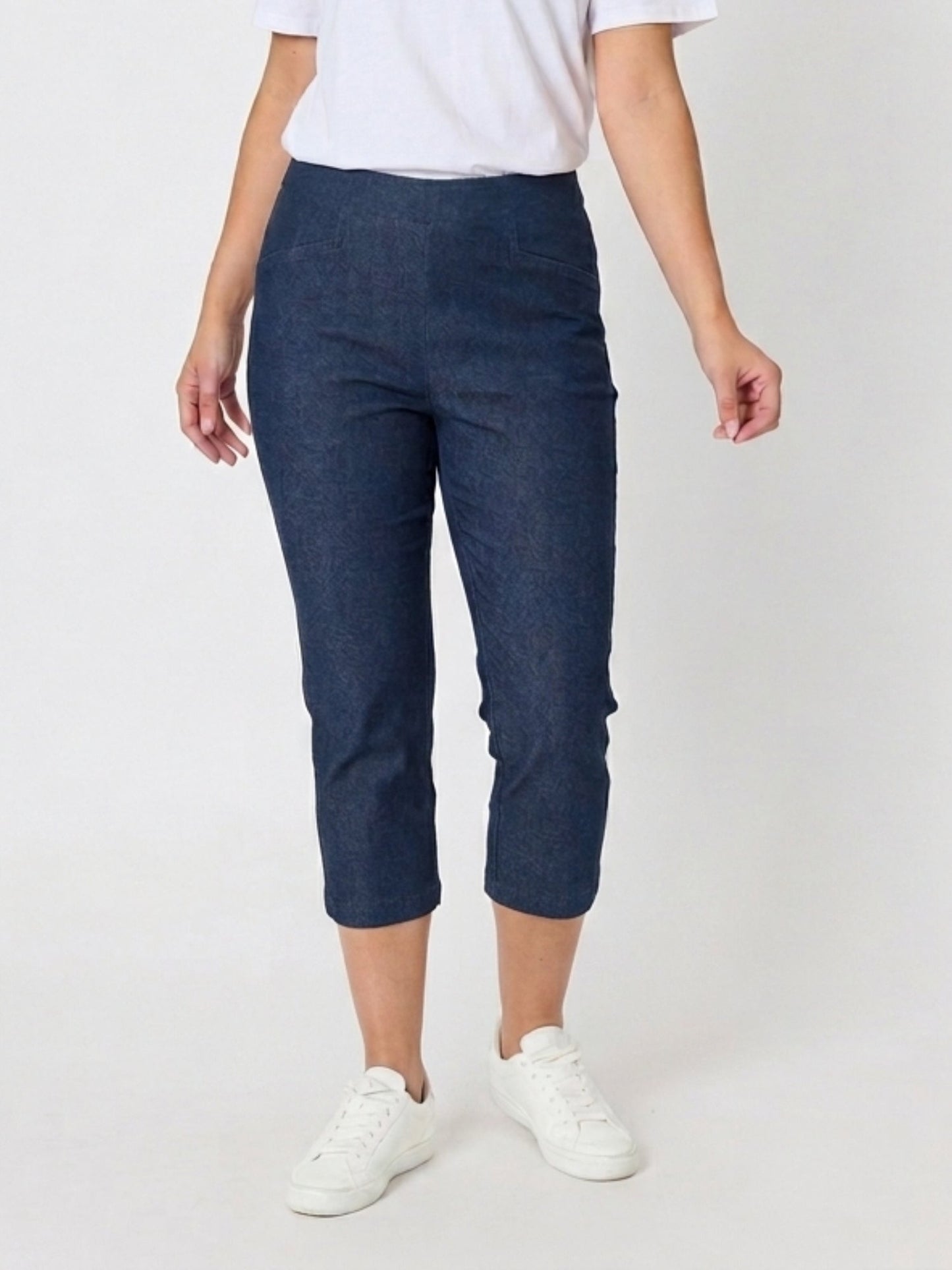 Image of a model wearing Pants. Product name - Zara Stretch Pant Denim in Denim colour by brand - Threadz