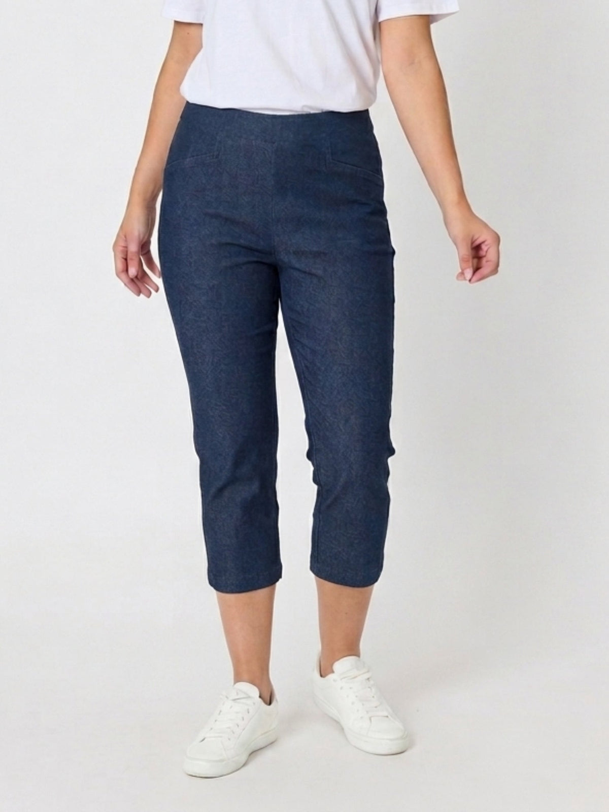 Image of a model wearing Pants. Product name - Zara Stretch Pant Denim in Denim colour by brand - Threadz