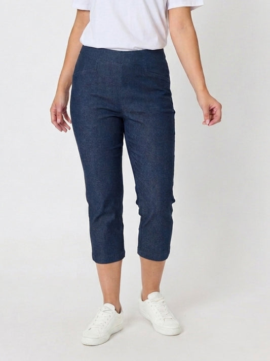 Image of a model wearing Pants. Product name - Zara Stretch Pant Denim in Denim colour by brand - Threadz