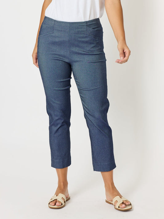 Image of a model wearing Pants. Product name - Zara Stretch Pant Denim in Denim colour by brand - Threadz