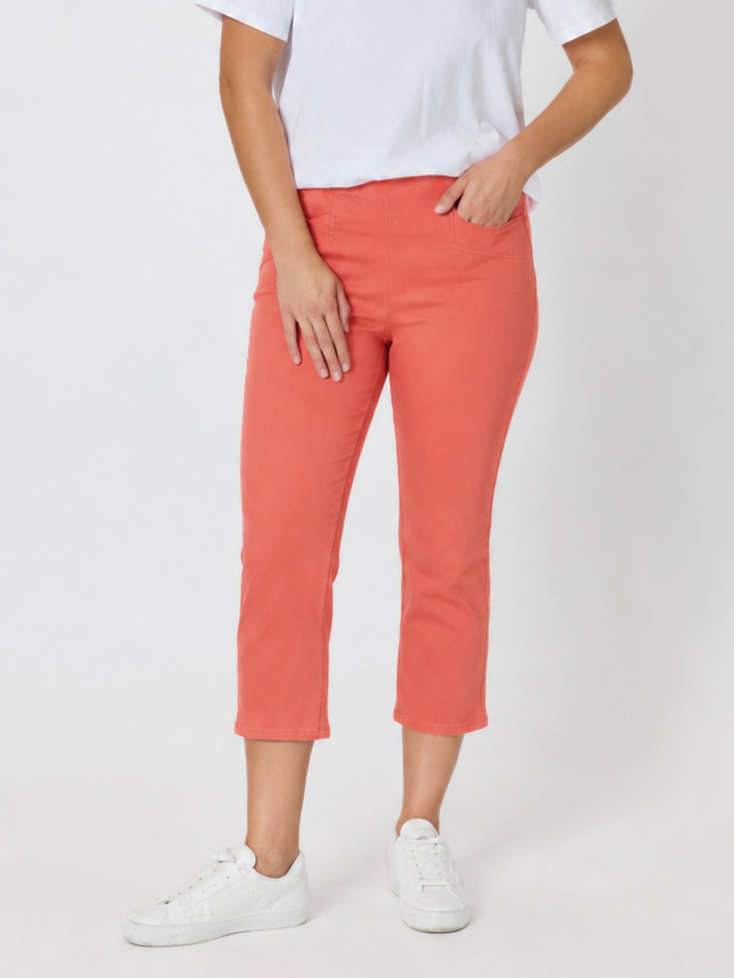 Image of a model wearing Pants. Product name - Zara Stretch Pant Ginger in Ginger colour by brand - Threadz