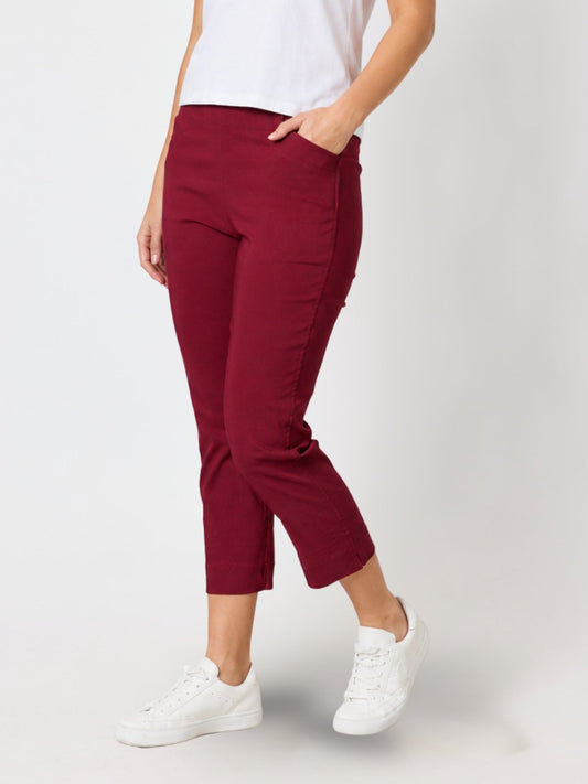 Image of a model wearing Pants. Product name - Zara Stretch Pant Shiraz in Shiraz colour by brand - Threadz