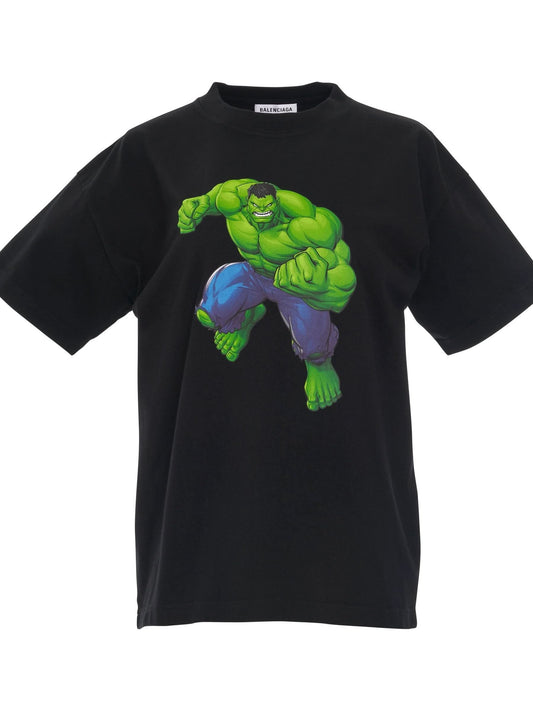 Image of a model wearing Tops. Productname: BALENCIAGA Hulk Medium Fit T-Shirt in Black colour by brand - BALENCIAGA