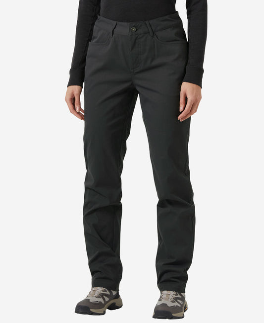 Image of a model wearing Pants. Product name - W HOLMEN 5 POCKET PANT, Ebony in Ebony colour by brand - Helly Hansen