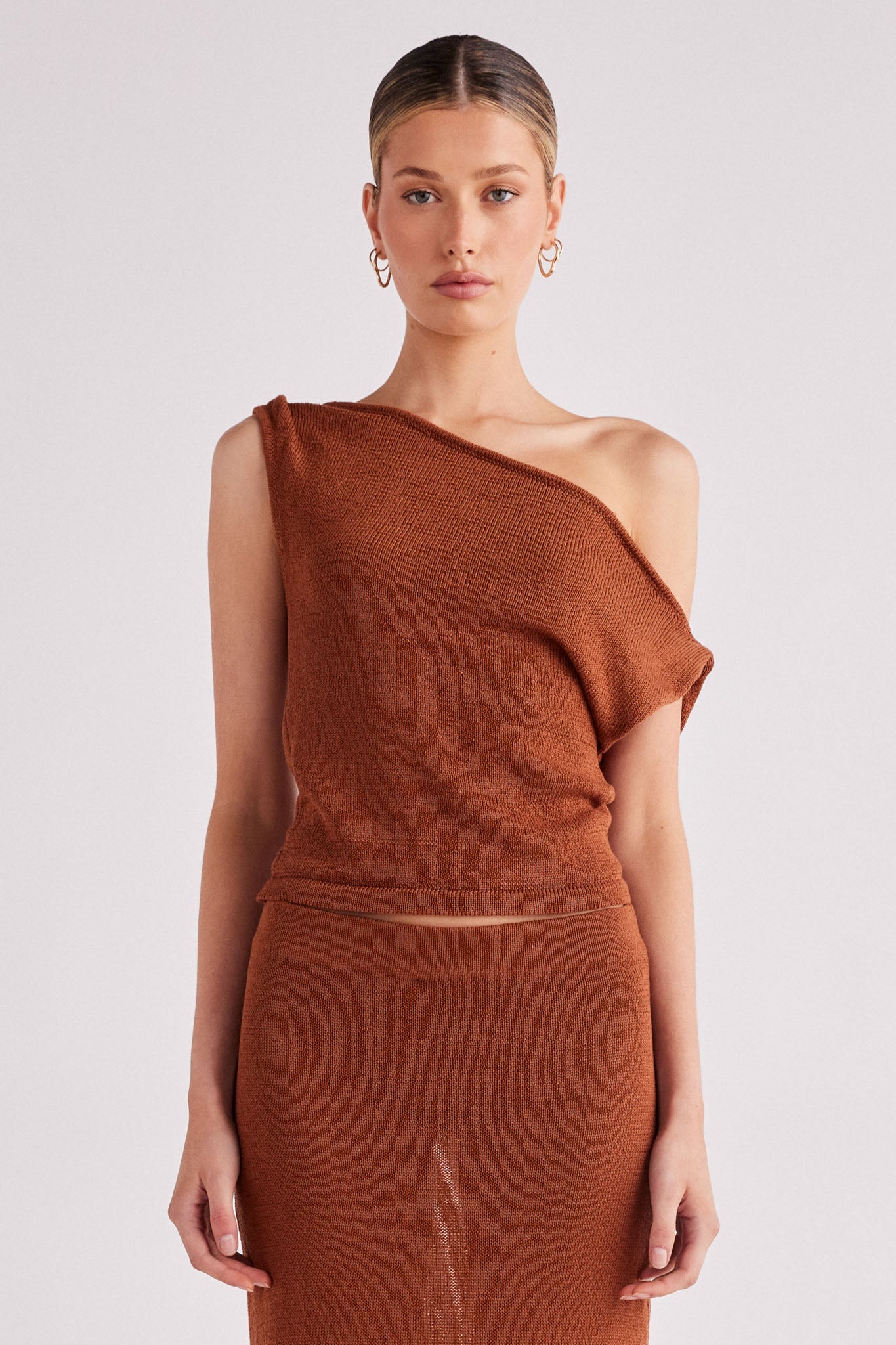 Image of a model wearing Tops. Productname: SNDYS CALI TOP in Nutmeg colour by brand - SNDYS