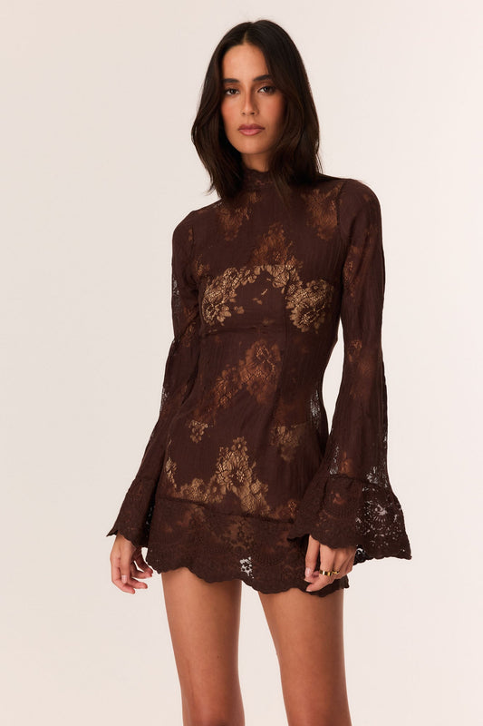 Image of Dresses. Productname: SNDYS ASTRA LACE MINI DRESS in Chocolate colour by brand - SNDYS