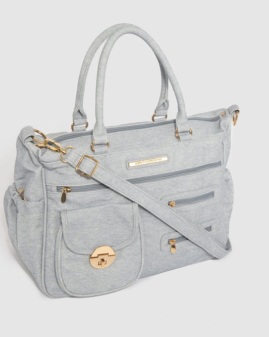Image of Bags. Productname: Colette Blue Pocket And Zip Baby Bag With Gold Hardware in Blue colour by brand - Colette