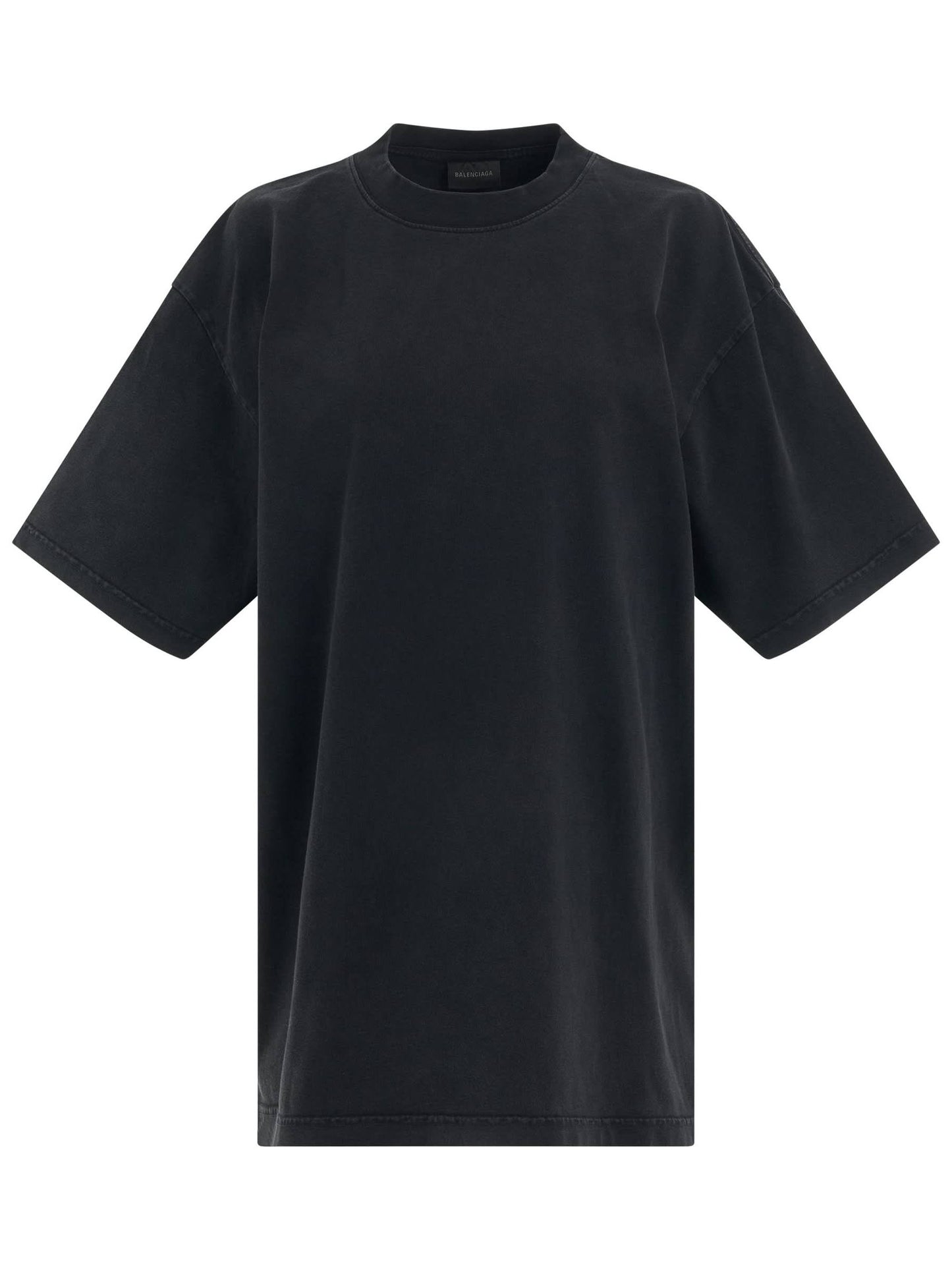 Image of a model wearing Tops. Productname: BALENCIAGA Back logo Rhinestones Oversized T-Shirt in BLACK colour by brand - BALENCIAGA