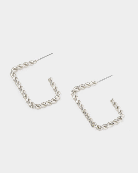 Image of Earrings. Productname: Colette Silver Open Twisted Regtangle Hoop Earrings in Silver colour by brand - Colette