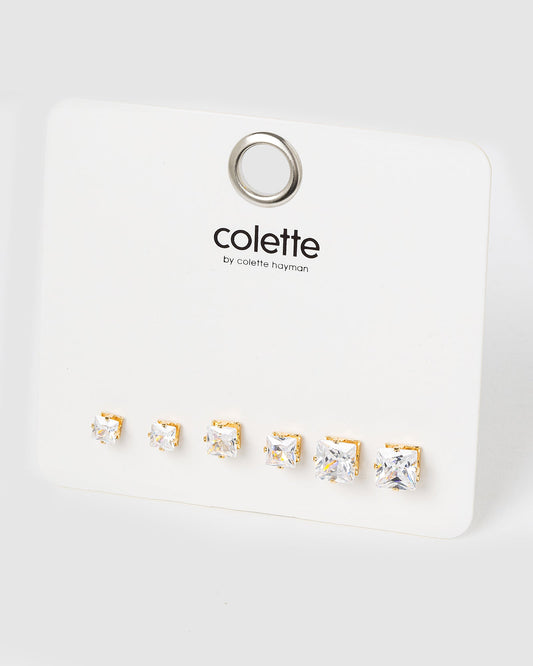 Colette 3 Pack Square Stud Earrings (Gold)