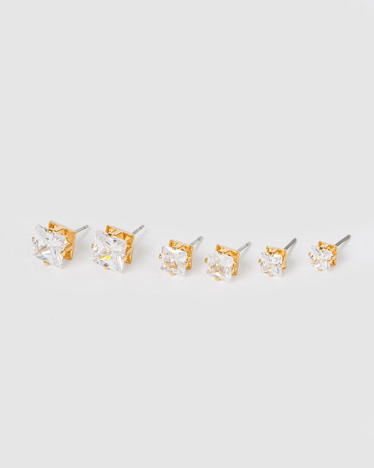 Image of Earrings. Productname: Colette Gold 3 Pack Square Stud Earrings in Gold colour by brand - Colette