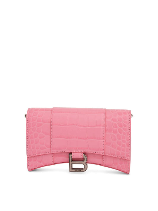 Image of Wallets & Money Clips. Productname: BALENCIAGA Hourglass Embossed Croco Wallet On Chain in Sweet Pink colour by brand - BALENCIAGA