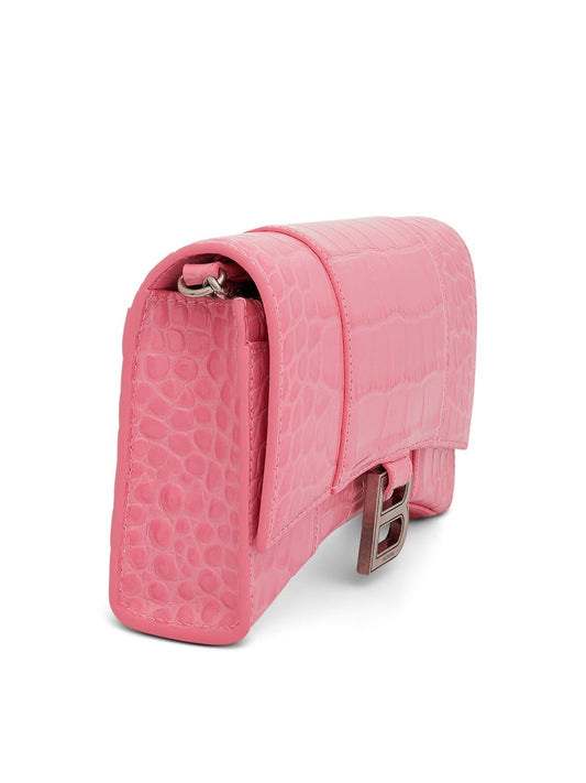 BALENCIAGA Hourglass Embossed Croco Wallet On Chain (Sweet Pink)