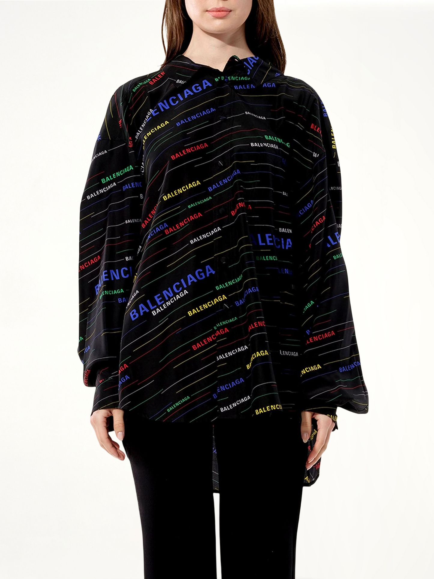 Image of a model wearing Tops. Productname: BALENCIAGA New Bow Blouse in BLACK colour by brand - BALENCIAGA