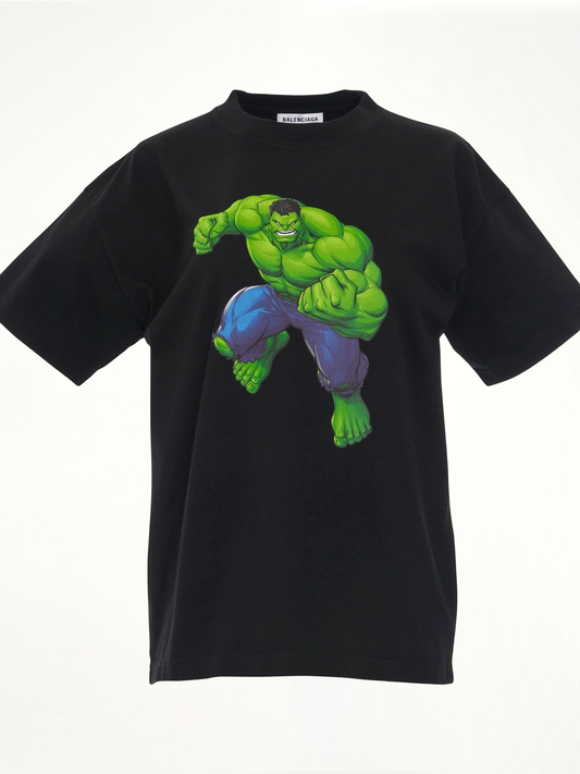Image of a model wearing Tops. Productname: BALENCIAGA Hulk Medium Fit T-Shirt in BLACK colour by brand - BALENCIAGA