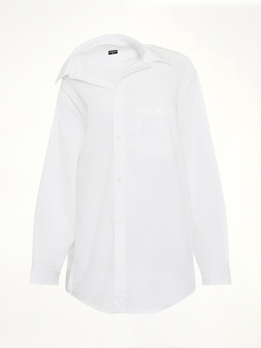 Image of a model wearing Tops. Productname: BALENCIAGA Off Shoulder Shirt in WHITE colour by brand - BALENCIAGA