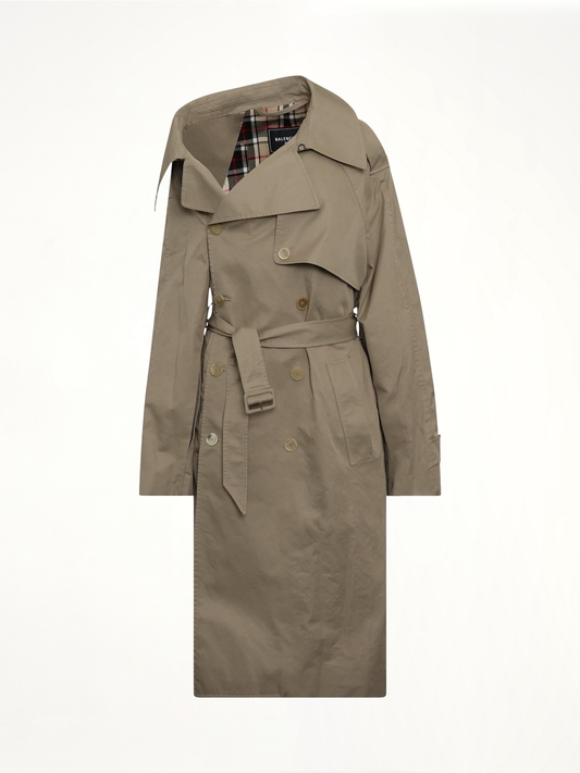 Image of a model wearing Outerwear. Productname: BALENCIAGA Off Shoulder Trench Coat in BEIGE colour by brand - BALENCIAGA