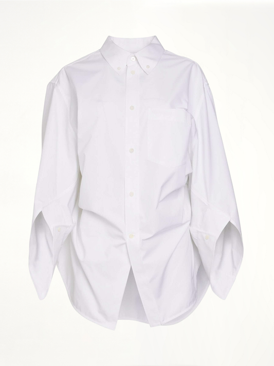 Image of a model wearing Tops. Productname: BALENCIAGA Wing Twisted Shirt in WHITE colour by brand - BALENCIAGA