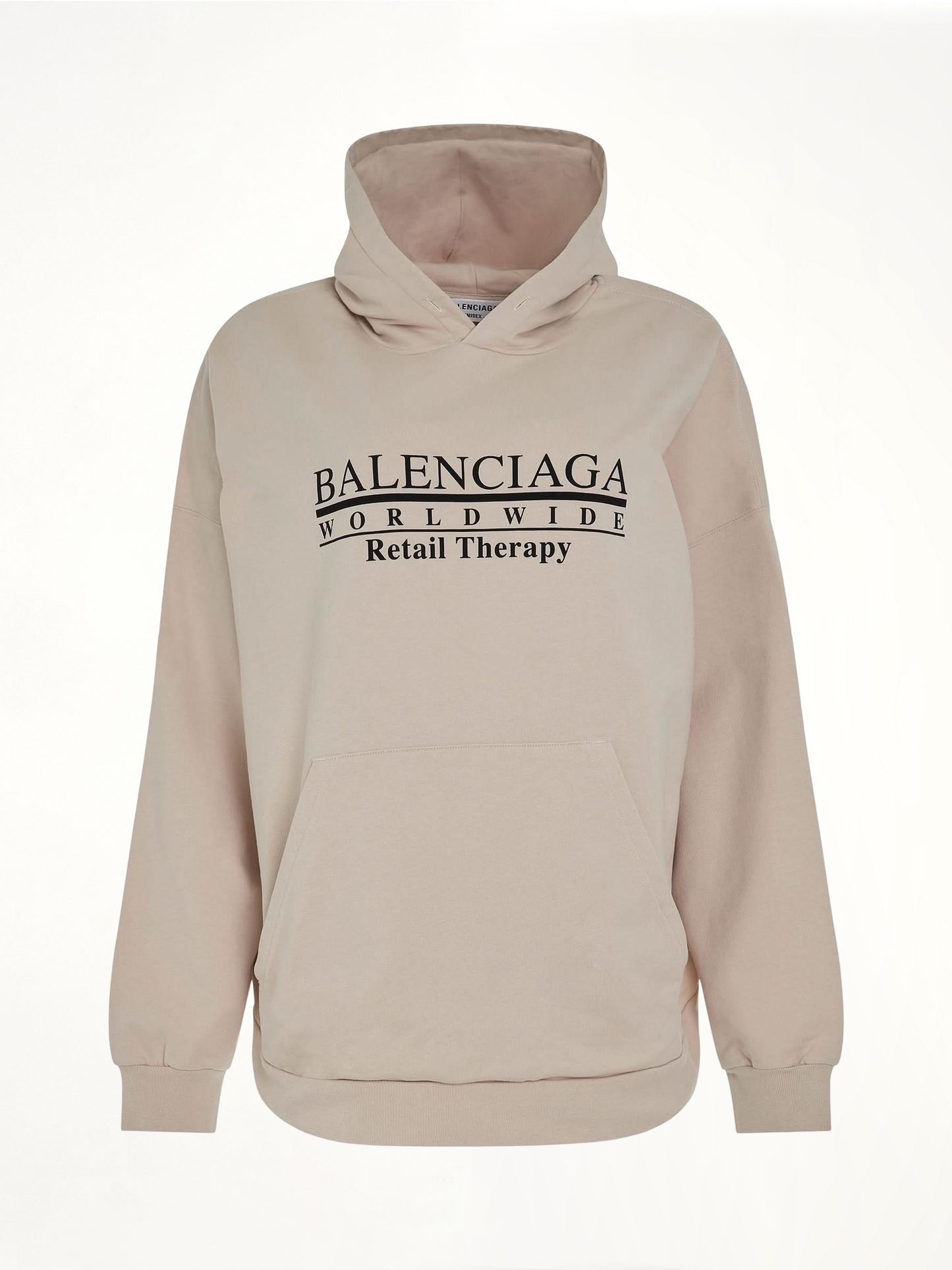 Image of a model wearing Outerwear. Productname: BALENCIAGA Retail Therapy Wide Fit Hoodie in WHITE colour by brand - BALENCIAGA