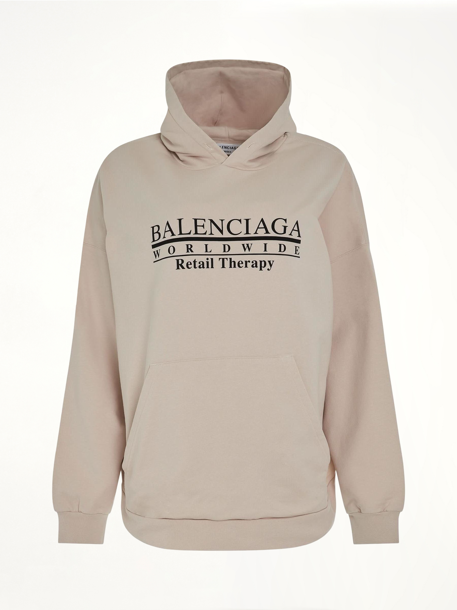 Image of a model wearing Outerwear. Productname: BALENCIAGA Retail Therapy Wide Fit Hoodie in WHITE colour by brand - BALENCIAGA