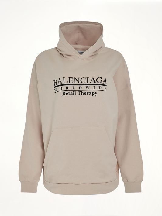 Image of a model wearing Outerwear. Productname: BALENCIAGA Retail Therapy Wide Fit Hoodie in WHITE colour by brand - BALENCIAGA