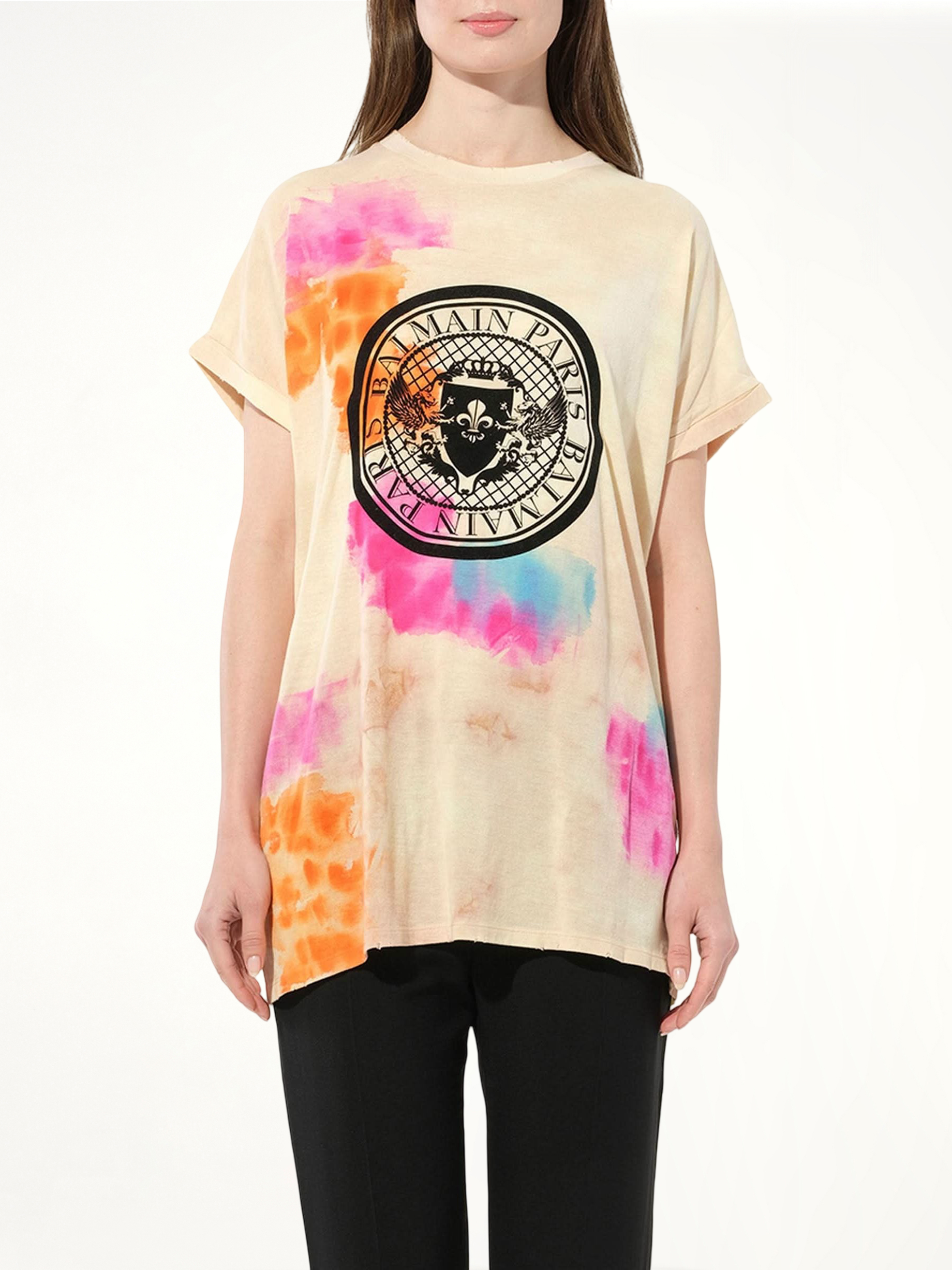 Image of a model wearing Tops. Productname: BALMAIN Tie-Dye Crest T-Shirt in MULTICOLOR colour by brand - BALMAIN