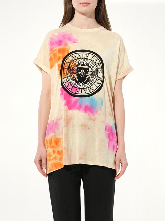 Image of a model wearing Tops. Productname: BALMAIN Tie-Dye Crest T-Shirt in MULTICOLOR colour by brand - BALMAIN