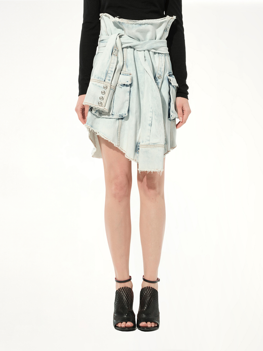 Image of a model wearing Skirts. Productname: BALMAIN Knotted Denim Skirt in WHITE colour by brand - BALMAIN