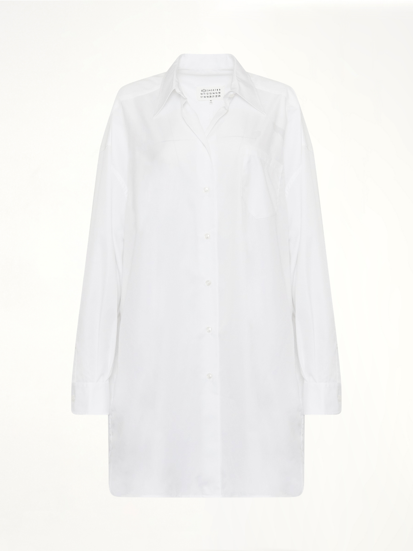 Image of a model wearing Tops. Productname: MAISON MARGIELA Oversize Cotton Shirt Dress in WHITE colour by brand - MAISON MARGIELA