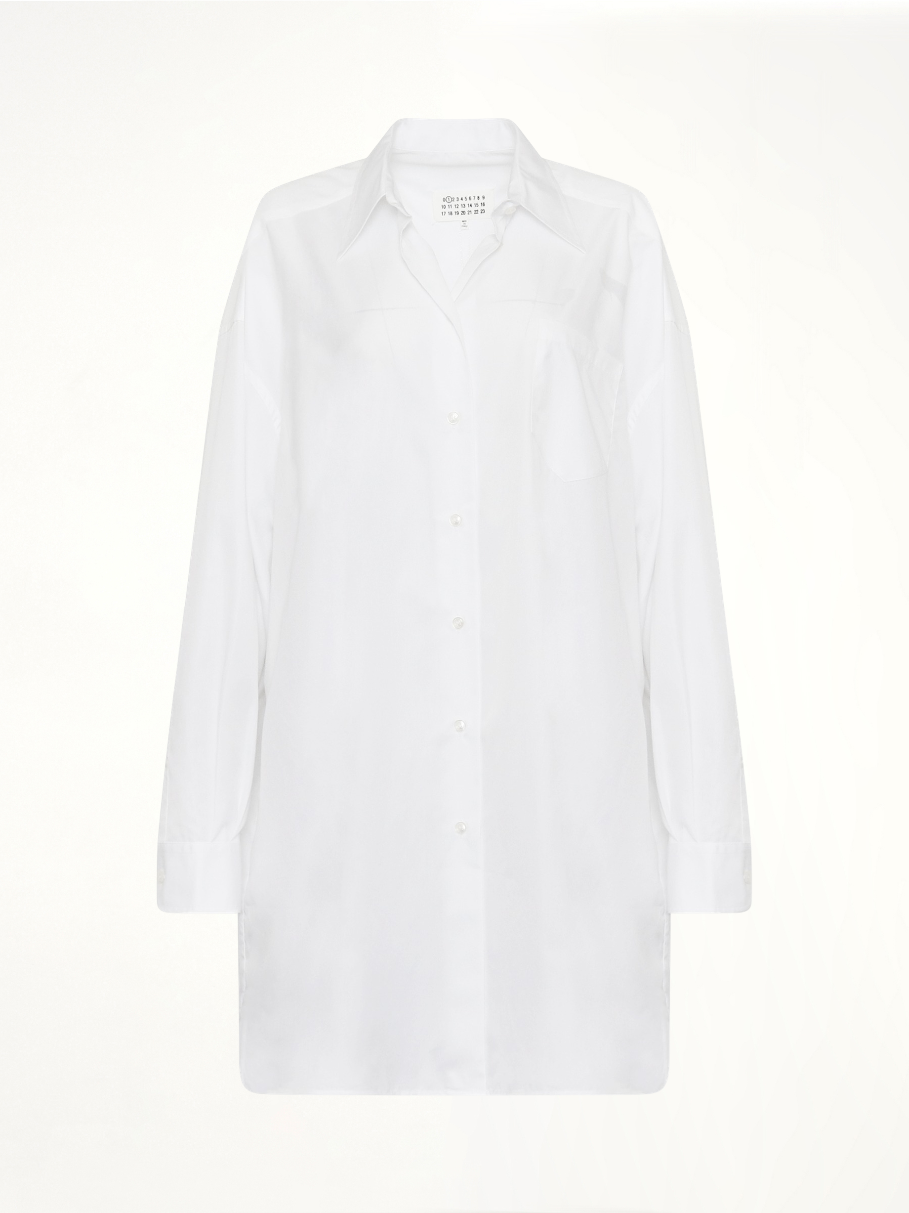 Image of a model wearing Tops. Productname: MAISON MARGIELA Oversize Cotton Shirt Dress in WHITE colour by brand - MAISON MARGIELA