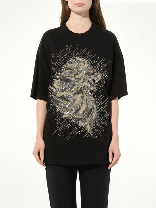 Image of a model wearing Tops. Productname: BALMAIN Lion Jewel T-Shirt in BLACK colour by brand - BALMAIN