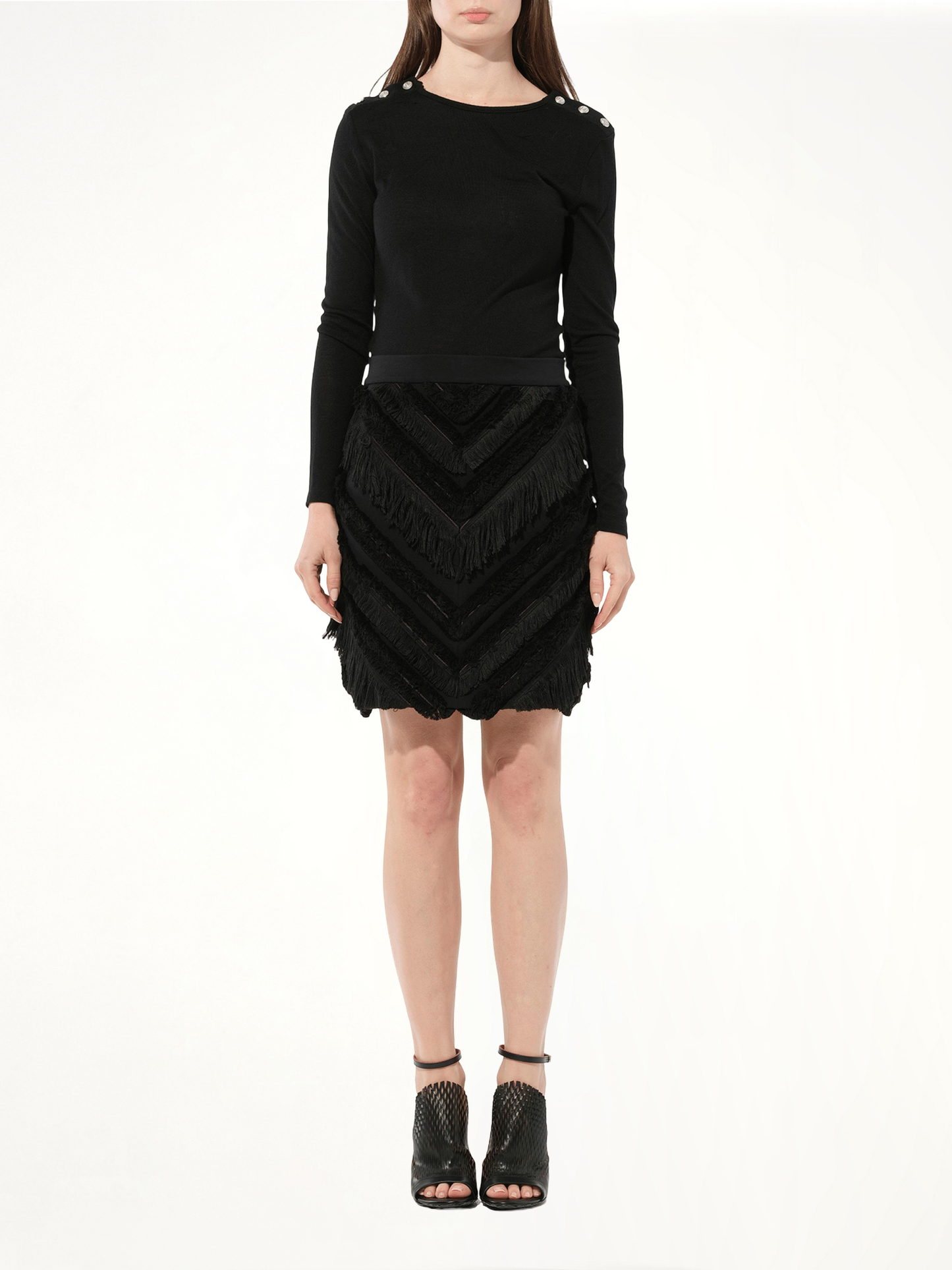 BALMAIN Chevron Fringed Mini Skirts (Black)