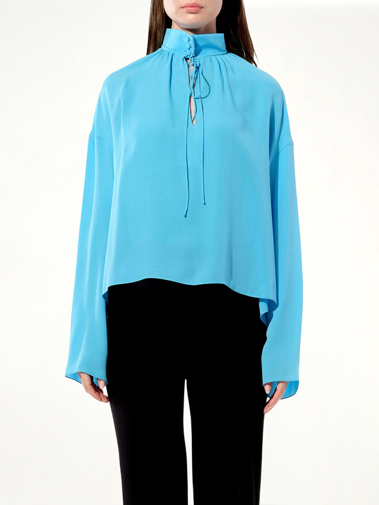 Image of a model wearing Tops. Productname: BALENCIAGA Georgette Shirt in BLUE colour by brand - BALENCIAGA