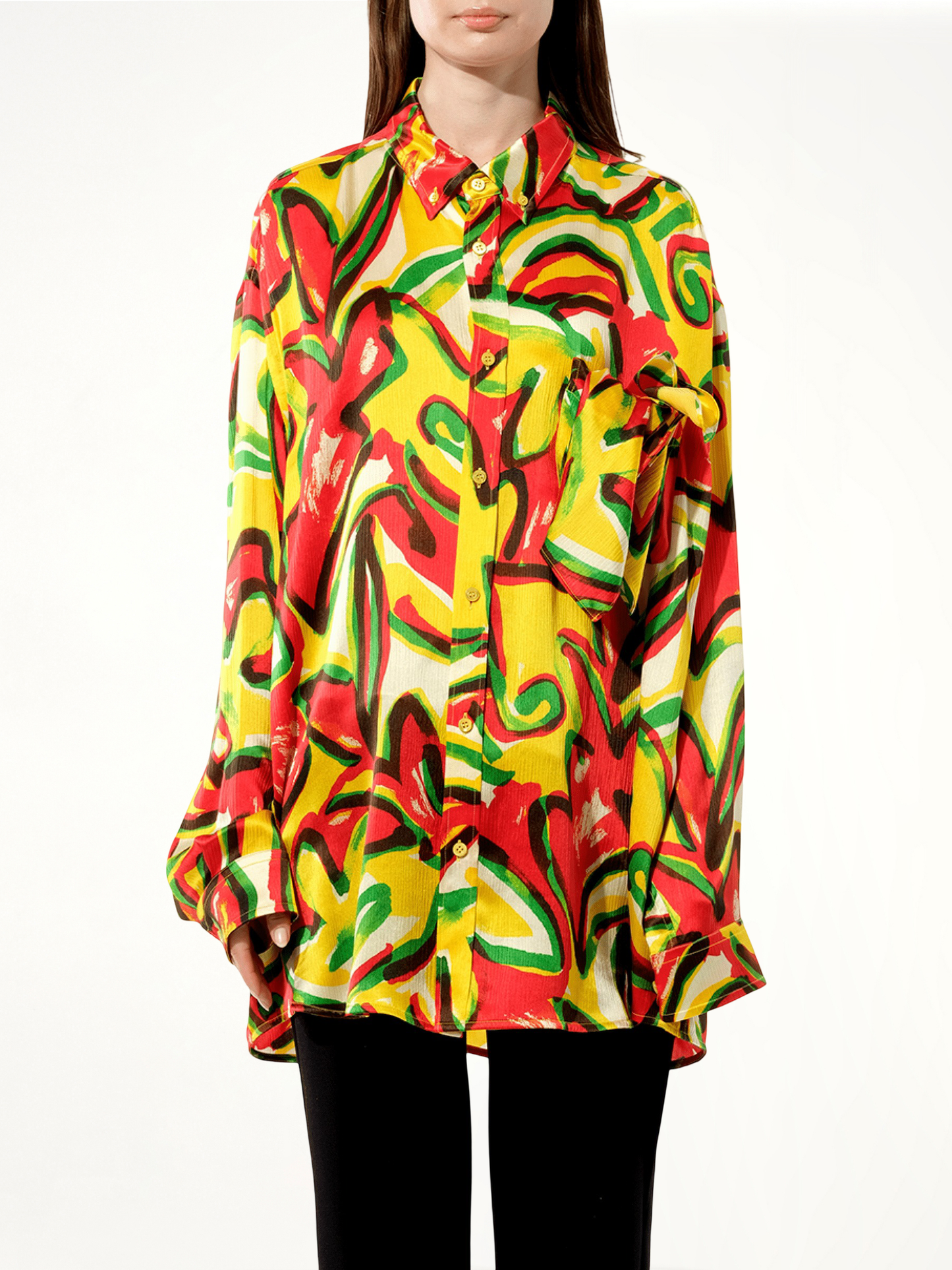 Image of a model wearing Tops. Productname: BALENCIAGA Scarf Flower Shirt in RED colour by brand - BALENCIAGA